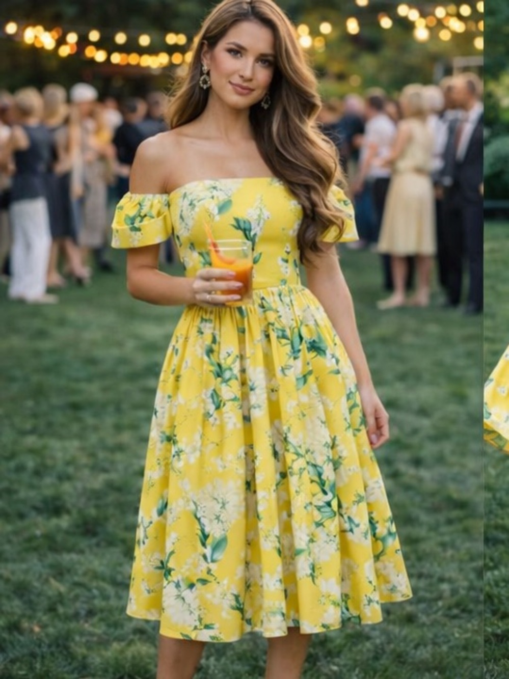 Sunny Yellow Off-Shoulder Floral Midi Dress، rare to find it - Picture 5 of 16